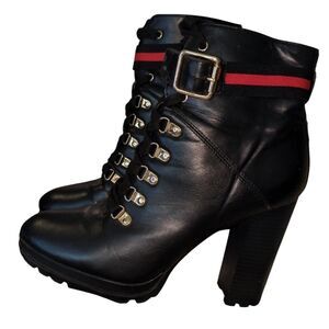 Ribonea Lace-Up Platform Ankle Boot size 10 Black Red belted.